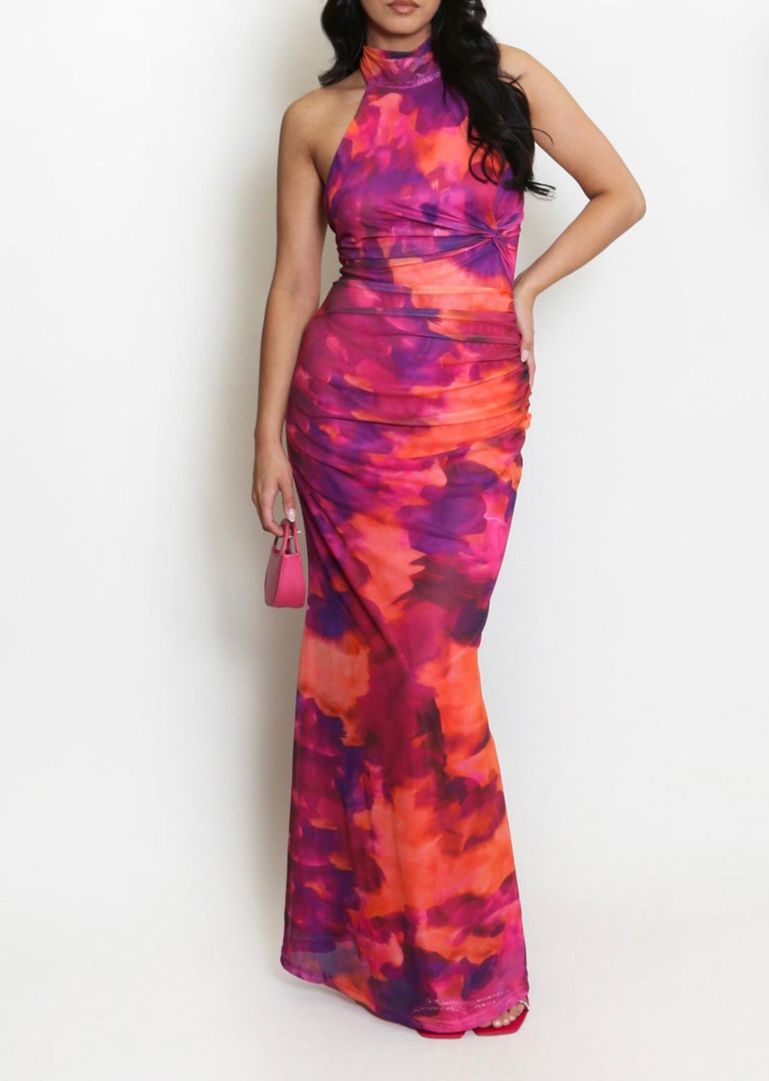 DD-Water colour halter neck maxi dress
