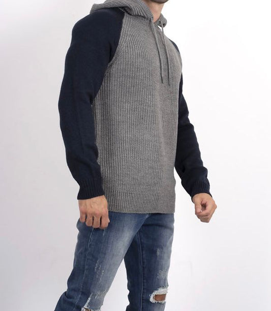 M-Grey two-tone hooded knitted jumper